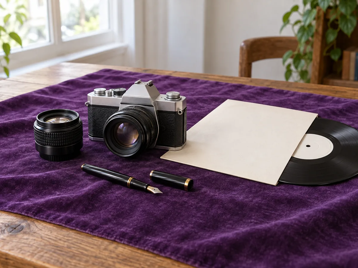 フィルムカメラと交換レンズ、万年筆、レコードを並べた写真（イメージ）
