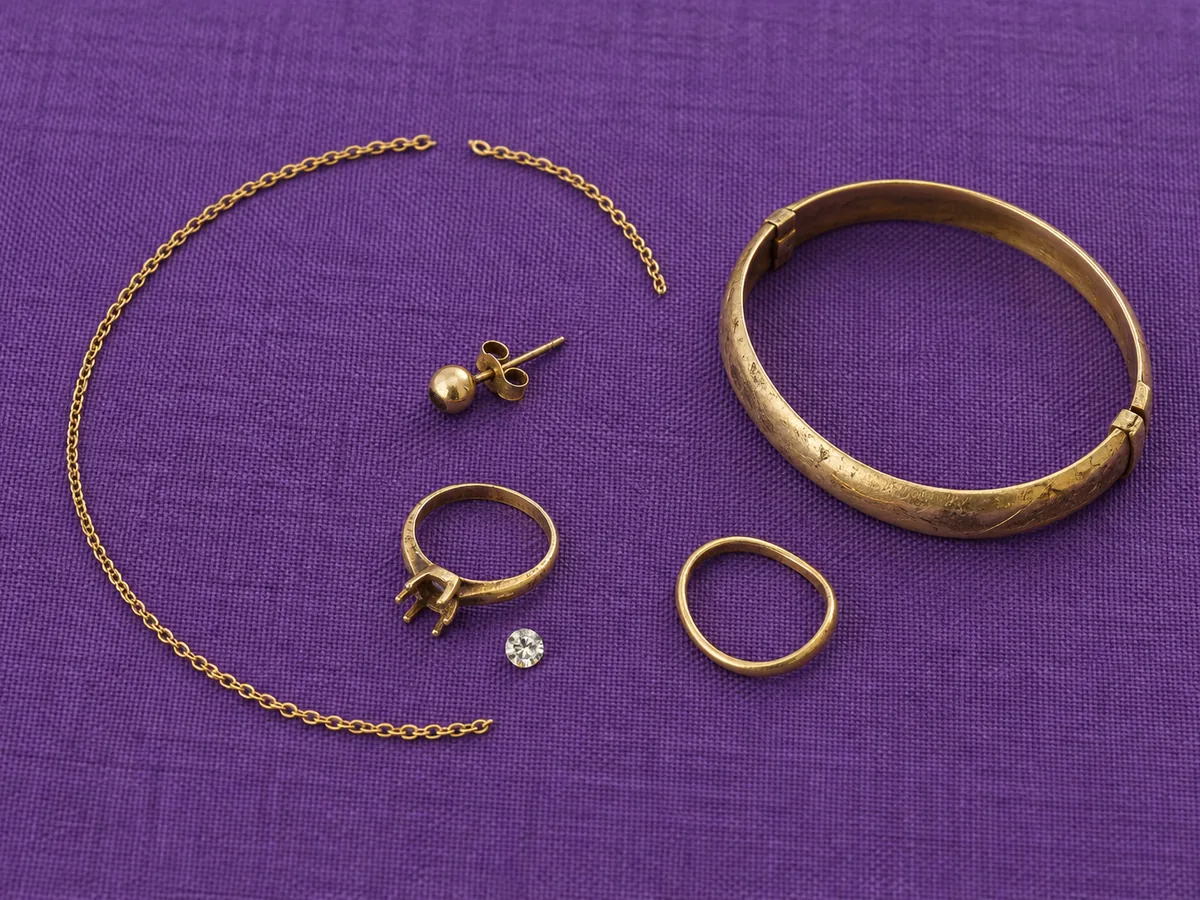 ちぎれた金のネックレス、片方だけのピアス、石の外れた指輪、ゆがんだ指輪、くすんだブレスレットを紫の布に並べた写真（イメージ）